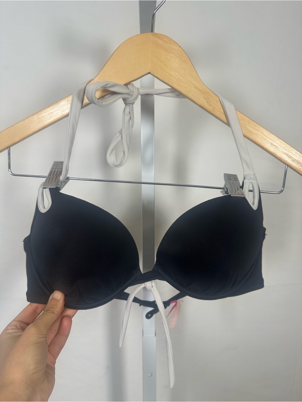 Victoria's Secret Black Bikini Top with White Halter Straps and Tie